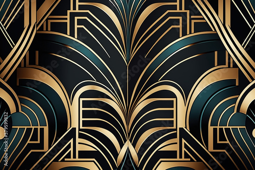 Seamless pattern in art deco geometric style in black, gold and blue. Generative AI.