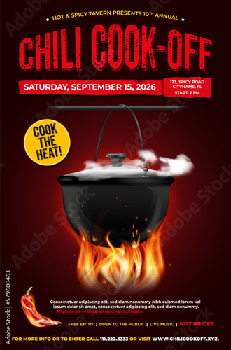 Chili cook-of poster template with cauldron above fire