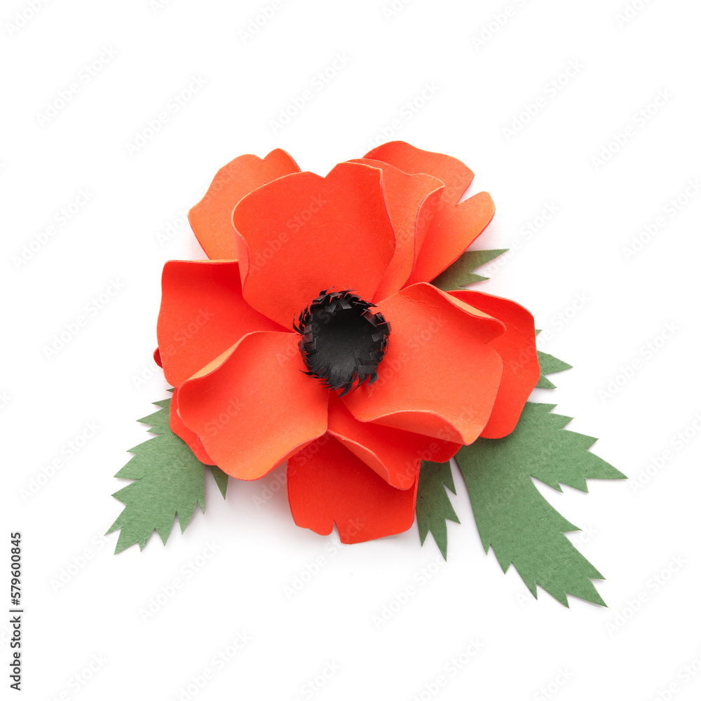 Naklejka premium Paper poppy flower with leaves on white background