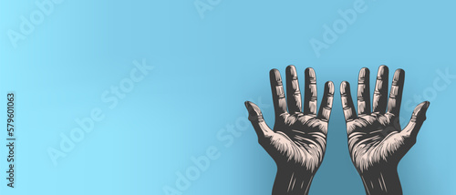 Vector human worker palms raised to the top. Dark wrinkled hands on a blue background.