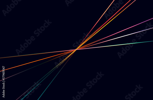 Reflection of a colorful beam, lens. Rainbow spectrum, flash of bright iridescent light beam, a glowing lasar ray. Flicker or focus, shine through the prism of the lens, broken line of light. Vector.