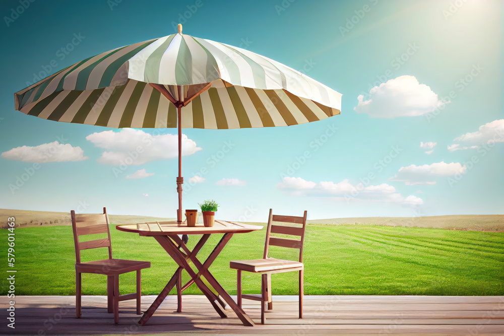 Table, chairs and umbrella outdoors in garden. Summer spring picnic concept. Generative AI.