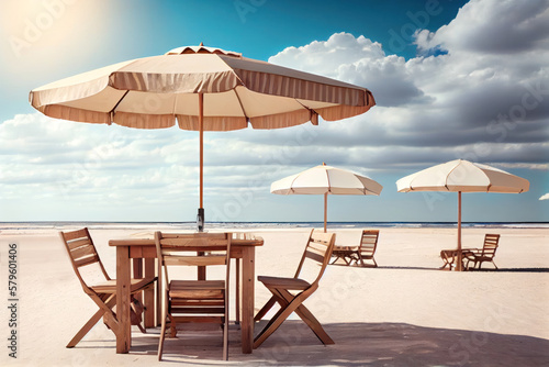The table set  chairs and umbrella with beach and sky background. Concept for rest  relaxation. Generative AI.