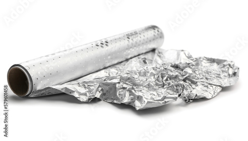 Crumpled aluminium foil on white background
