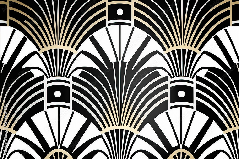 Seamless pattern in art deco geometric style in black, gold and white. Generative AI. Seamless pattern in art deco geometric style in black, gold and white. Generative AI.