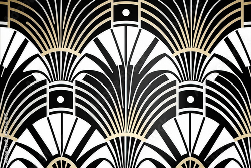 Seamless pattern in art deco geometric style in black, gold and white. Generative AI.