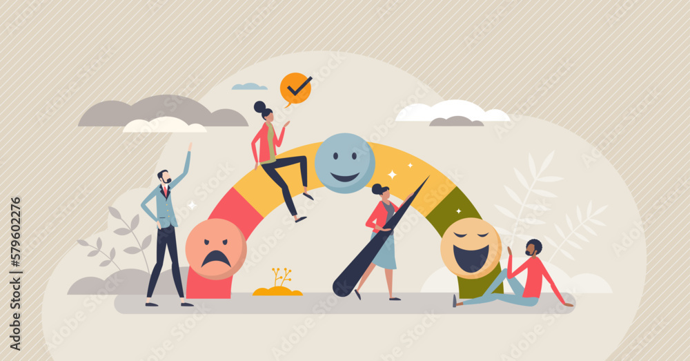 Employee engagement and satisfaction level measurement tiny person concept. Corporate business recruitment and company HR work monitoring for best motivation and productivity vector illustration. - obrazy, fototapety, plakaty 