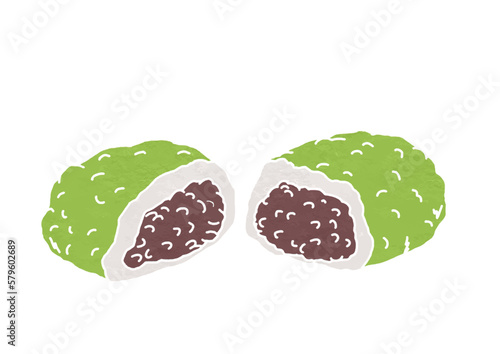 半分に割った抹茶ぼたもちのイラスト（版画風）