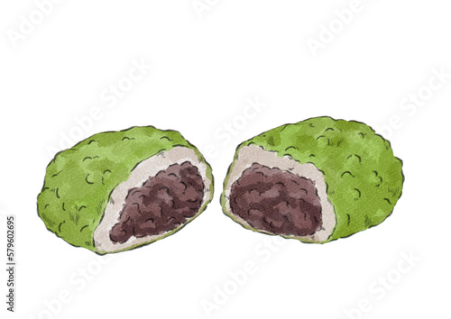 半分に割った抹茶ぼたもちのイラスト（水彩風）
