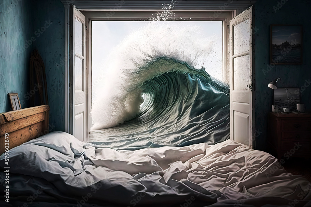 Surreal image of a wave outside a window crashing over the bed covers in the bedroom, bad dream concept, made with generative ai - obrazy, fototapety, plakaty 