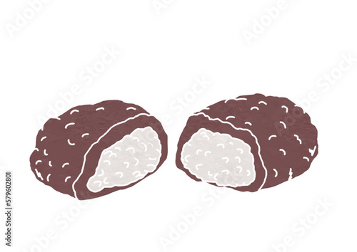 半分に割ったぼたもちのイラスト（版画風）