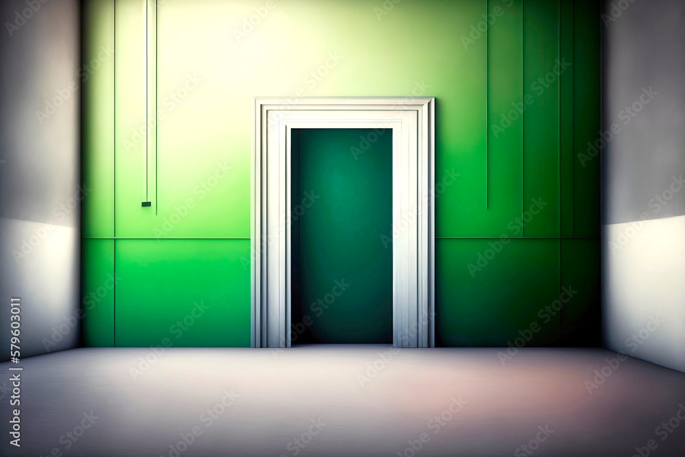 An inviting entrance with a vibrant green door, softly lit from within and surrounded by intricate interior design, minimal architectural building, made with generative ai An inviting entrance with a vibrant green door, softly lit from within and surrounded by intricate interior design, minimal architectural building, made with generative ai