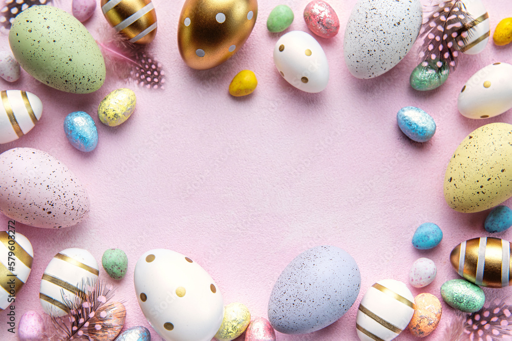 Happy Easter concept. Flat lay Easter eggs on pink concrete background. Happy Easter concept. Flat lay Easter eggs on pink concrete background.