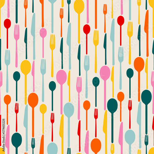Hand drawn cutlery. Flat vector doodle spoon, fork, knife. Seamless pattern with kitchen tools. Bright retro style 70s. Kitchen background.