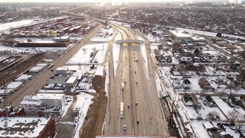 Interstate 75 (I75) going through suburbs of Detroit, aerial drone view photo