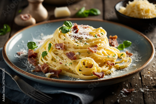 Carbonara: A popular Italian pasta dish made with spaghetti or fettuccine noodles, pancetta or bacon, eggs, and Parmesan cheese.