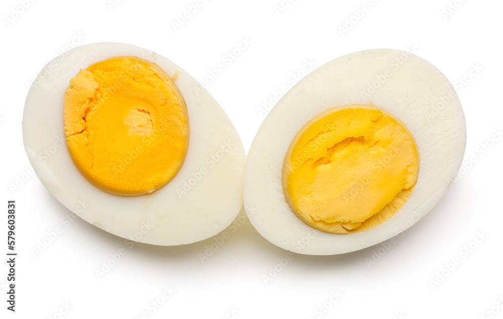 Halves of delicious boiled eggs isolated on white background Halves of delicious boiled eggs isolated on white background