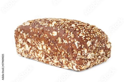 Fresh loaf of rye bread with various seeds isolated on white background