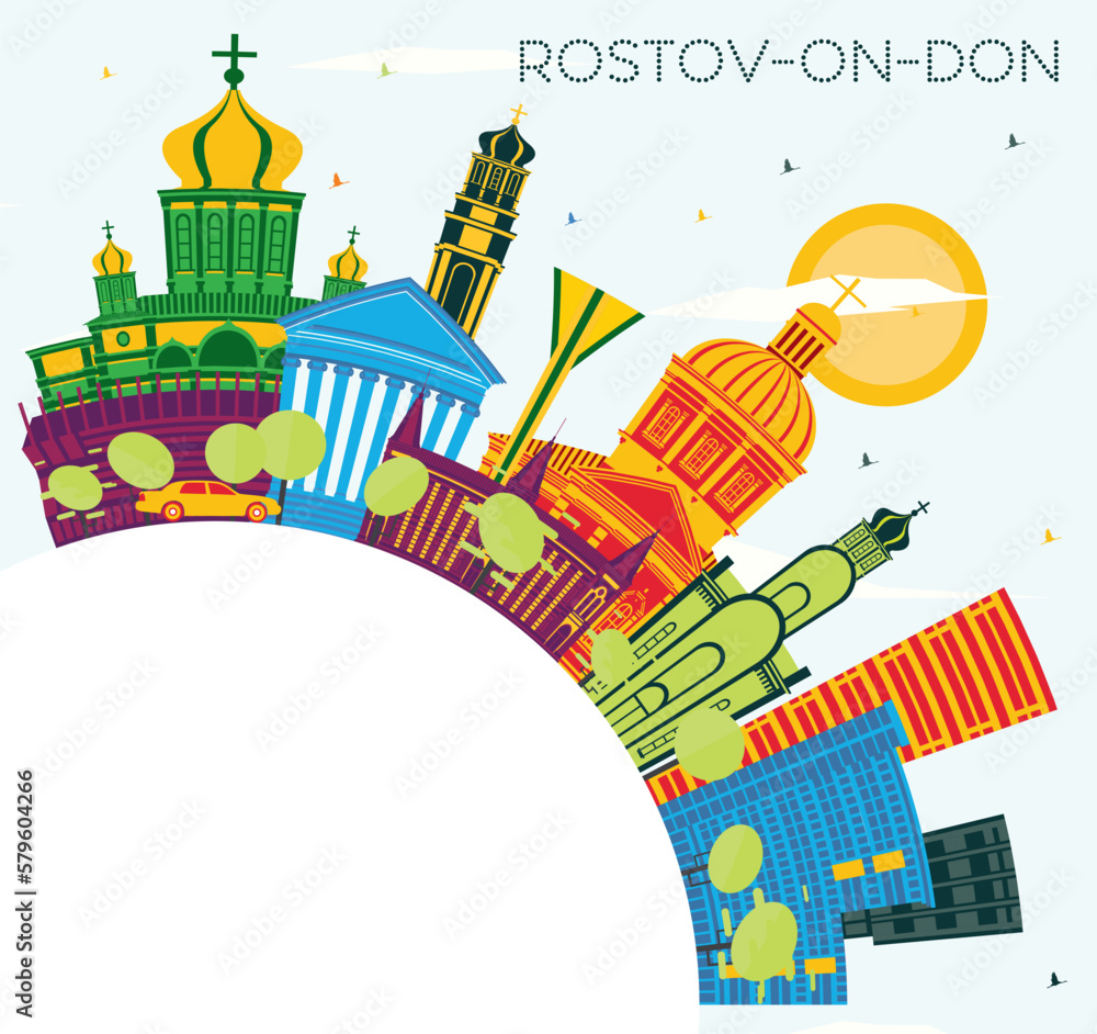 Rostov-on-Don Russia City Skyline with Color Buildings, Blue Sky and Copy Space. Vector Illustration. Rostov-on-Don Cityscape with Landmarks.