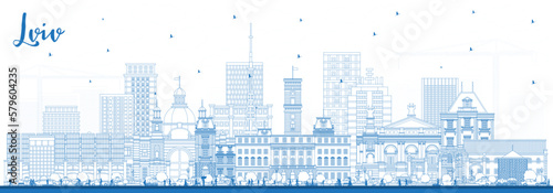 Outline Lviv Ukraine City Skyline with Blue Buildings. Vector Illustration. Lviv Cityscape with Landmarks.