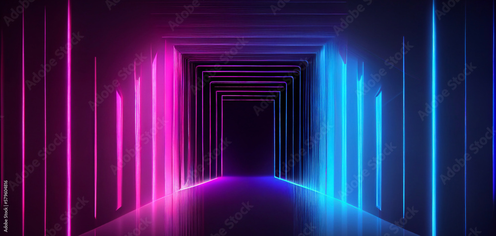 Neon lights, a laser display, glowing lines, an abstract fluorescent background, an optical trick, a space, a hallway, or the interior of a nightclub. Generative Ai illustration. 