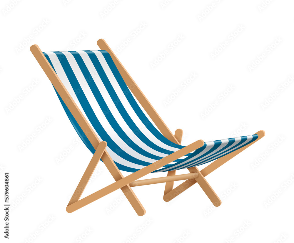 blue and white striped beach chair or deck chair for sunbathing and relaxing in summer