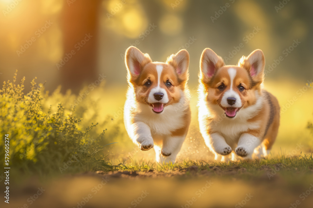 two adorable Corgi puppies are having a blast running and playing together on the lush grass in the park. AI generative two adorable Corgi puppies are having a blast running and playing together on the lush grass in the park. AI generative