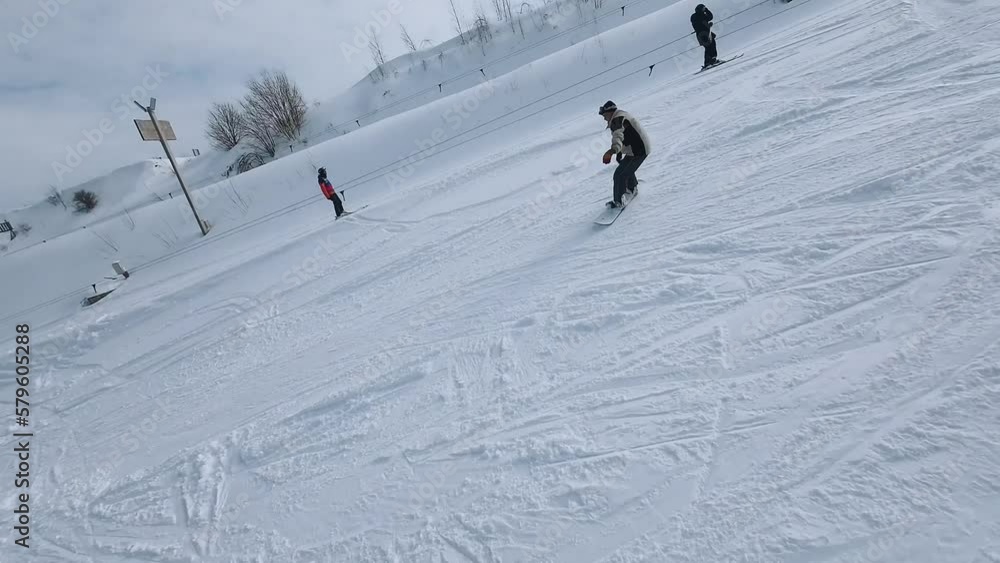 Fpv aerial photography of a snowboarder at a ski resort, fpv shooting of a riding snowboarder