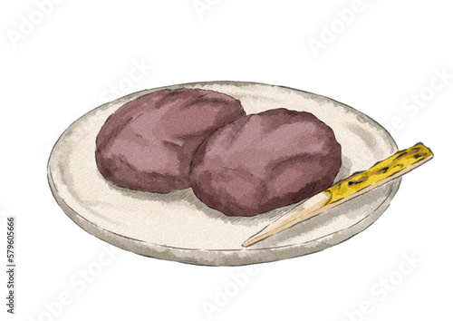 皿にのせたこしあんのぼたもちのイラスト（水彩風）