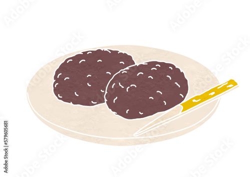 皿にのせたぼたもちのイラスト（版画風）