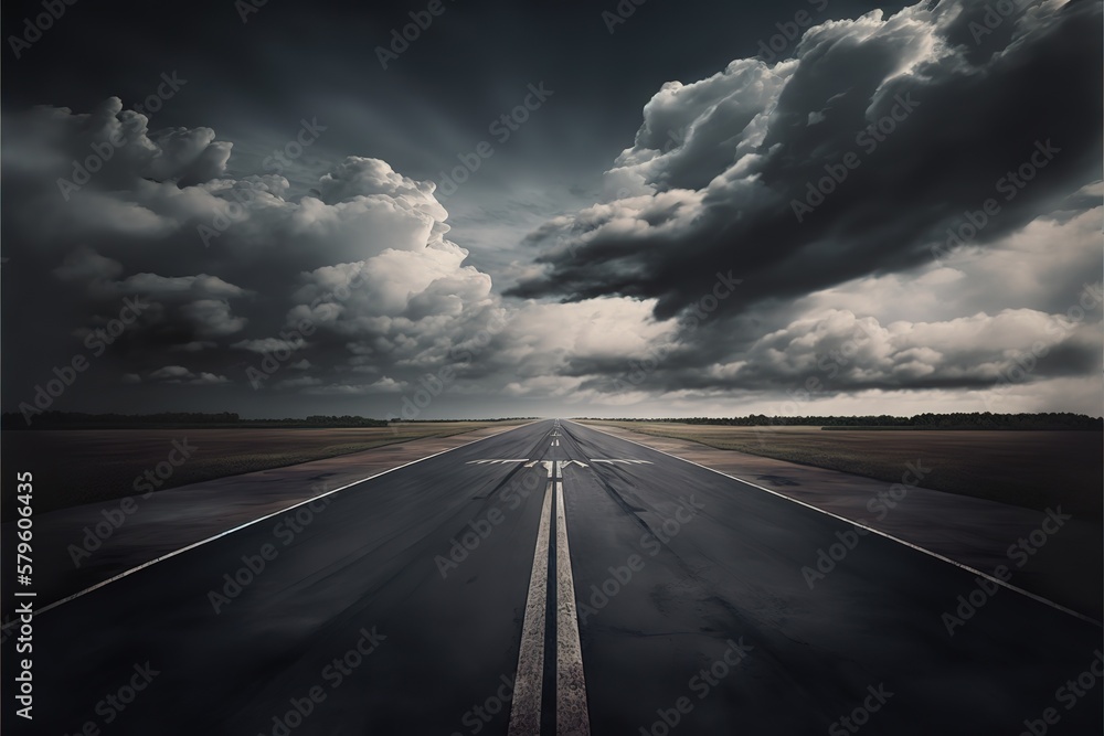 Dark concrete runway street floor with horizon and cloud sky background, hyperrealism, photorealism, photorealistic