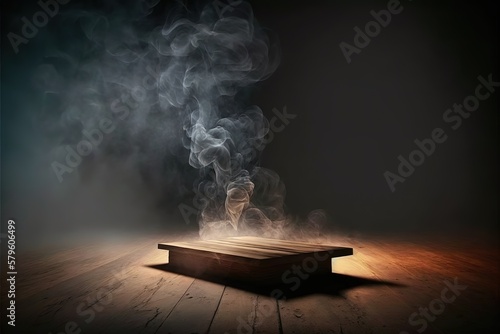 Empty wooden plank floor with smoke float up on dark background, used as a studio background wall to display your products. , hyperrealism, photorealism, photorealistic
