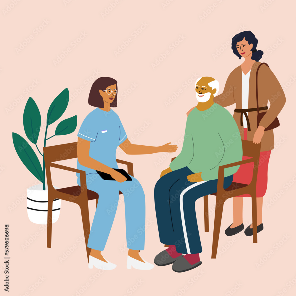 Elderly Care, Nursing Home, Dementia Concept. Doctor or nurse speaking with relative or family member of senior man. Set of hand drawn vector illustration isolated background.