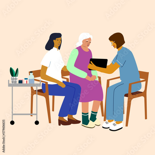 Elderly Care and Nursing Home Concept. Nurses speaking and teaching  senior woman. Help for seniors with disabilities.  Vector illustration isolated on  background.