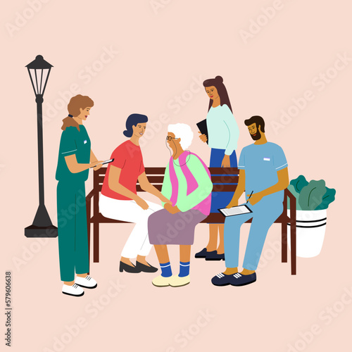 Elderly Care and Nursing Home Concept. Doctors and nurses speaking with senior people. Help for seniors with disabilities and diversity. Set of hand drawn vector illustrations isolated
