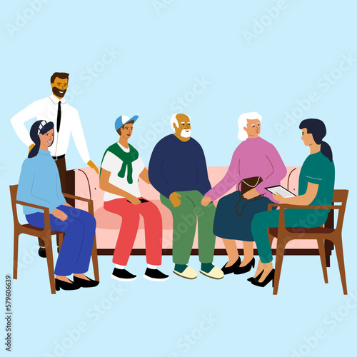 Elderly Care, Nursing Home, Dementia Concept. Doctor or nurse speaking with relatives of senior man. Set of hand drawn vector illustration isolated background.