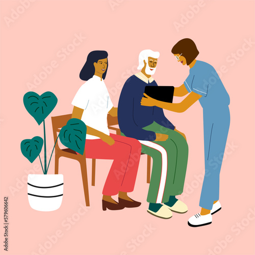 Elderly Care and Nursing Home Concept. Nurses speaking and teaching  senior man. Help for seniors with disabilities.  Vector illustration isolated on  background.