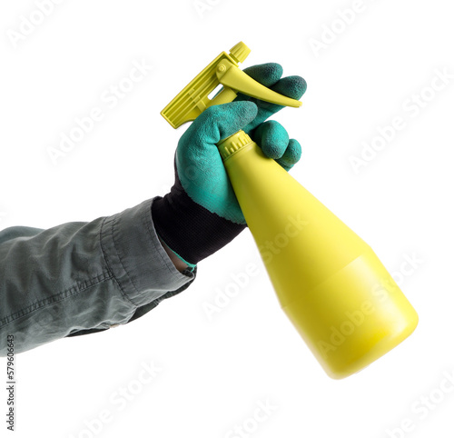 Gardener with spray bottle on white background