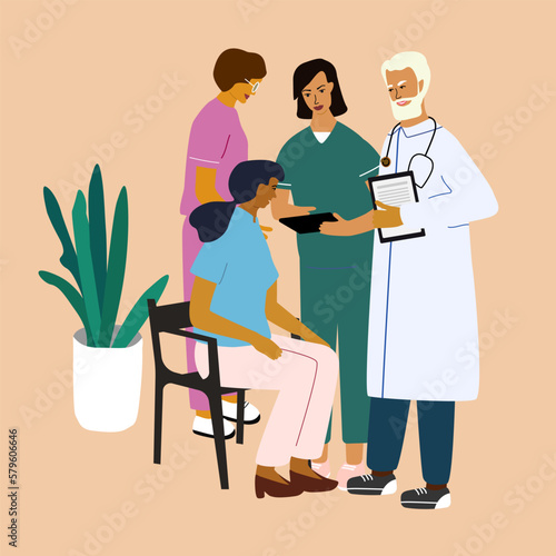 Doctors are discussing and finding diagnosis. Medical team concilium concept. Knowledge and experience sharing with nurses. Flat vector illustration. photo