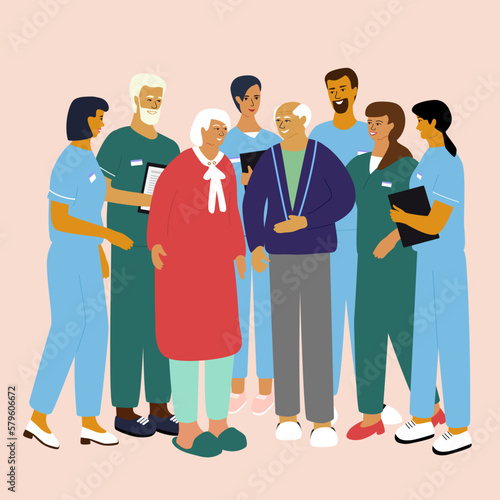 Doctors and nurses congratulate old people. Elder care and help concept. Social workers taking care, celebrate, entertain senior man and woman. Vector flat cartoon illustration. 