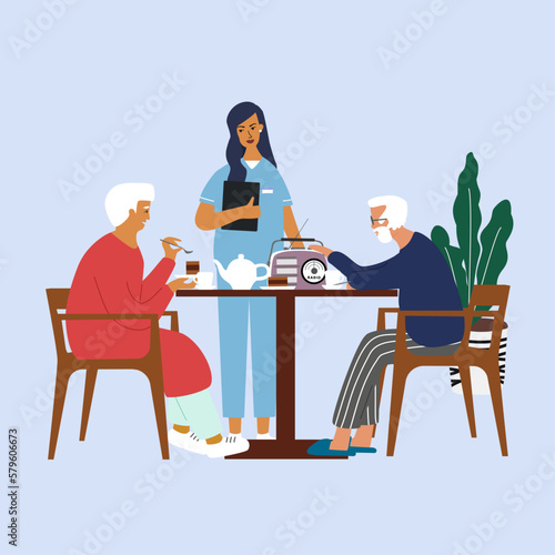 Old man and woman eating and talking in the nursing home or hospital.  Elderly old people help and care service, happy retirement concept. Cartoon Vector Illustration