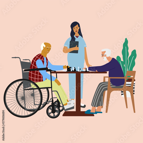 Old men playing chess in the nursing home or hospital.  Elderly old people help and care service, happy retirement concept. Cartoon Vector Illustration