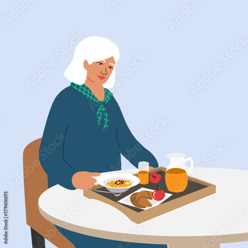  Elderly woman eating healthy food . Concept of health care, happiness, goodmood of elderly people . Harmony and Balance life on the retirement. Flat Vector illustration