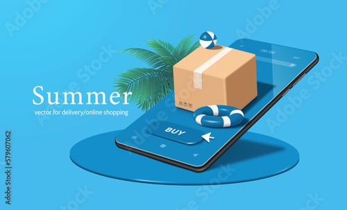 parcel box or cardboard box,lifebuoy,inflatable ball,buy button all display on smartphone blue screen and behind it there is coconut tree
