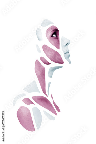 Portrait with shape of gray and red polygons on beautiful human face, neck, shoulders. Geometrical pattern isolated on white background.