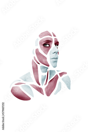 Portrait with shape of gray and red polygons on beautiful human face, neck, shoulders. Geometrical pattern isolated on white background.