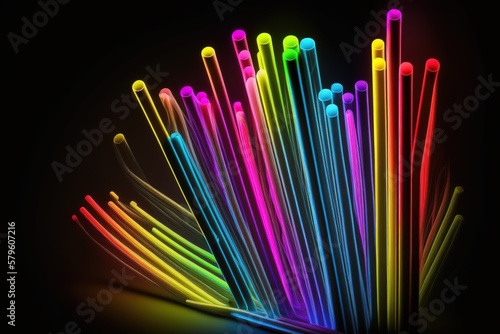 Image of vibrant neon glow sticks forming rainbow over black background with copy space
