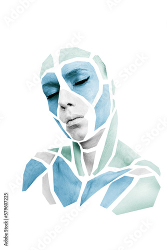 Portrait of person with shape of gray and blue polygons on face, neck, shoulders. Geometrical pattern isolated on white background.