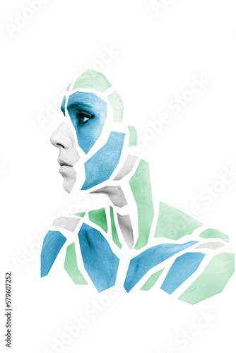 Portrait of person with shape of gray and blue polygons on face, neck, shoulders. Geometrical pattern isolated on white background.