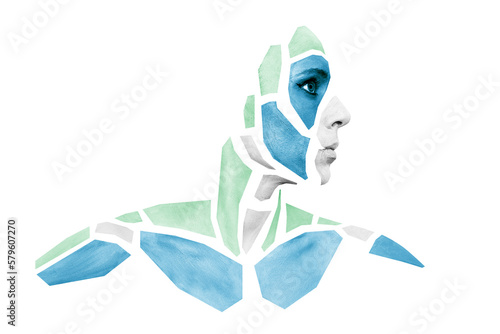 Portrait of person with shape of gray and blue polygons on face, neck, shoulders. Geometrical pattern isolated on white background.